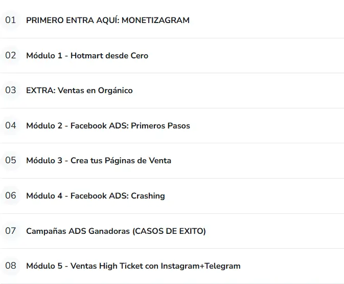 Módulos del curso Monetizagram 3.0
