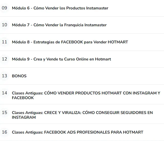 Módulos del curso Monetizagram 3.0